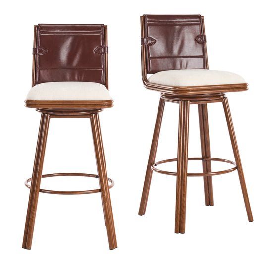 Beige Walnut Bar Stools - 2 Swivel Bar Chairs with Iron Frame