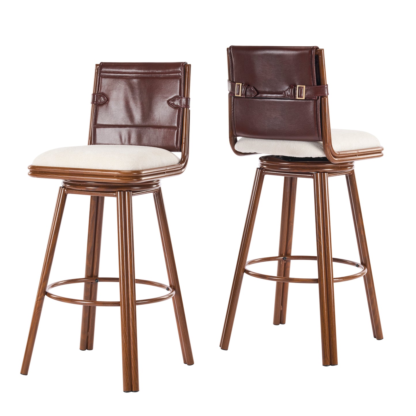 Beige Walnut Bar Stools - 2 Swivel Bar Chairs with Iron Frame
