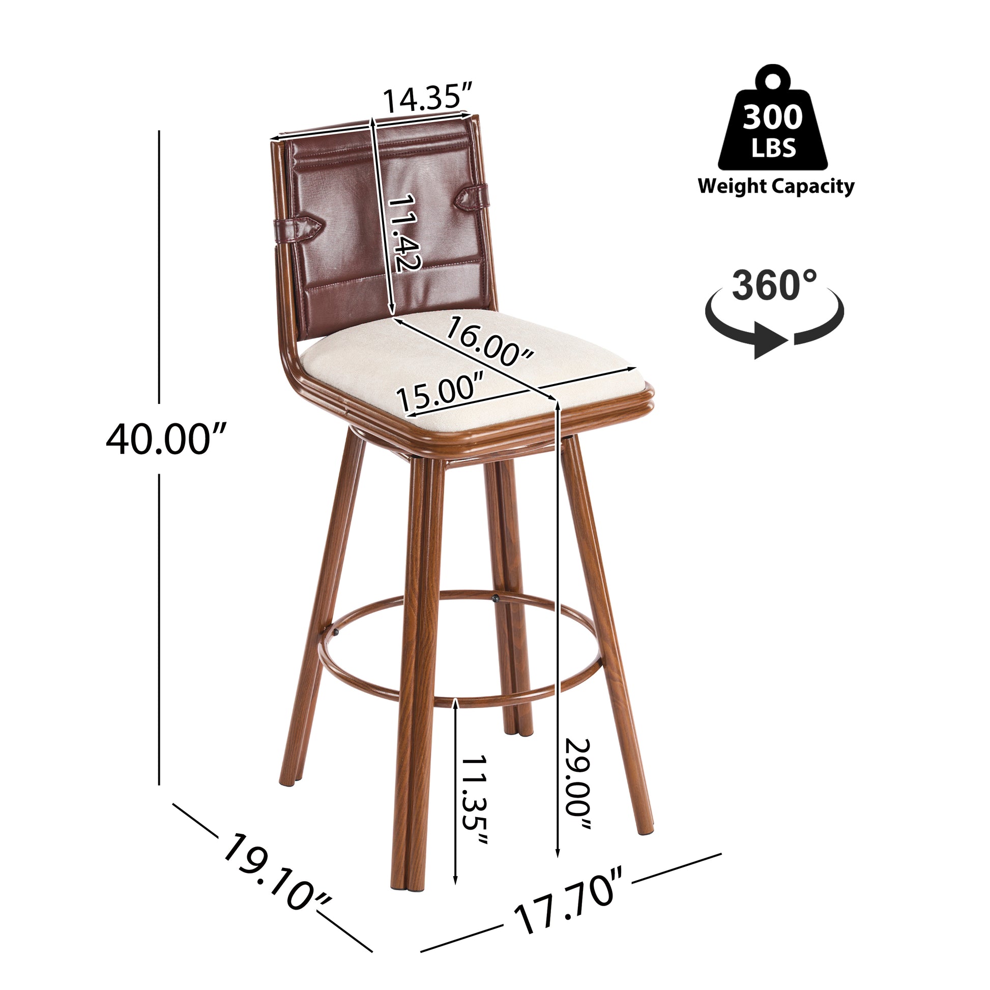 Beige Walnut Bar Stools - 2 Swivel Bar Chairs with Iron Frame