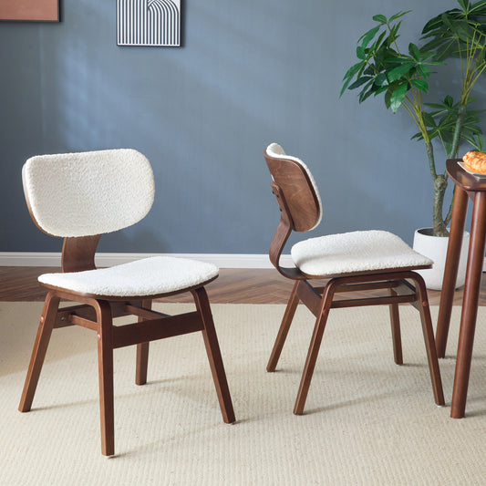 Boucle fabric upholstered side chair, White and Walnut
