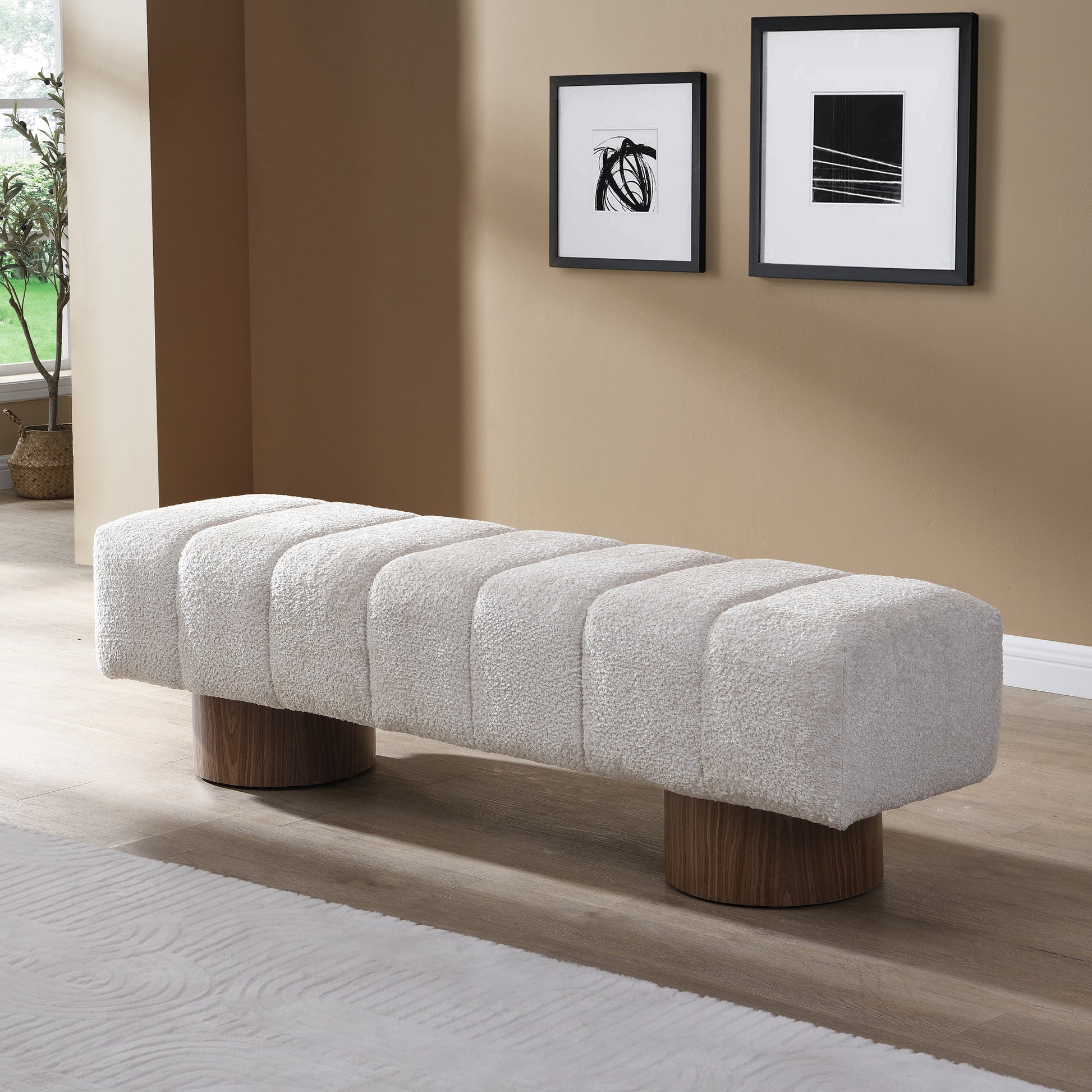 Upholstered Dining Bench for Dining Room, No-Assembly End of Bed Entryway Bench Ottoman for Bedroom Living Room, Beige Faux Fur Fabric, 300 LBS Weight Capacity