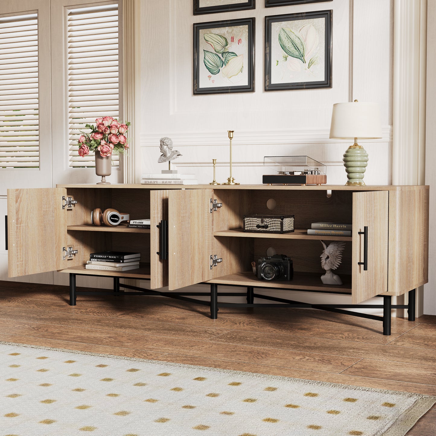 66" Natural Iron Plywood TV Stand – 4-Door Storage Cabinet