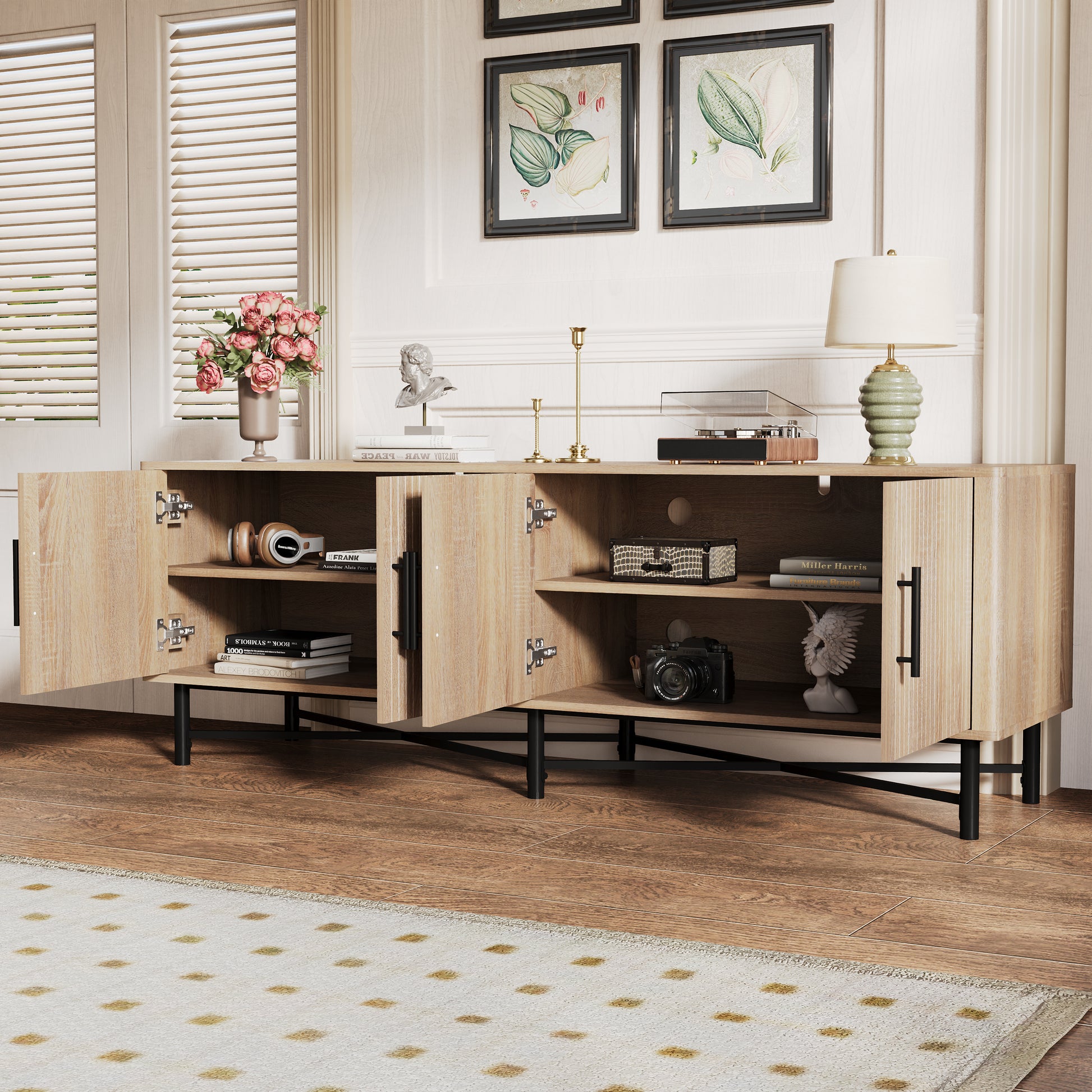 66" Natural Iron Plywood TV Stand – 4-Door Storage Cabinet