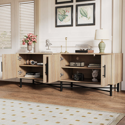 66" Natural Iron Plywood TV Stand – 4-Door Storage Cabinet