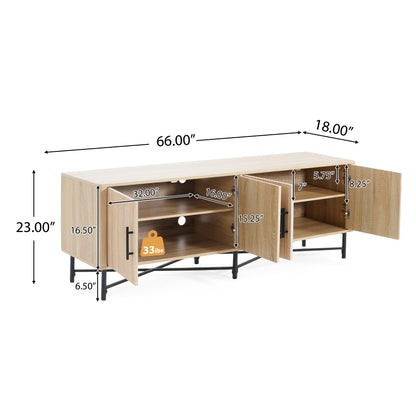 66" Natural Iron Plywood TV Stand – 4-Door Storage Cabinet