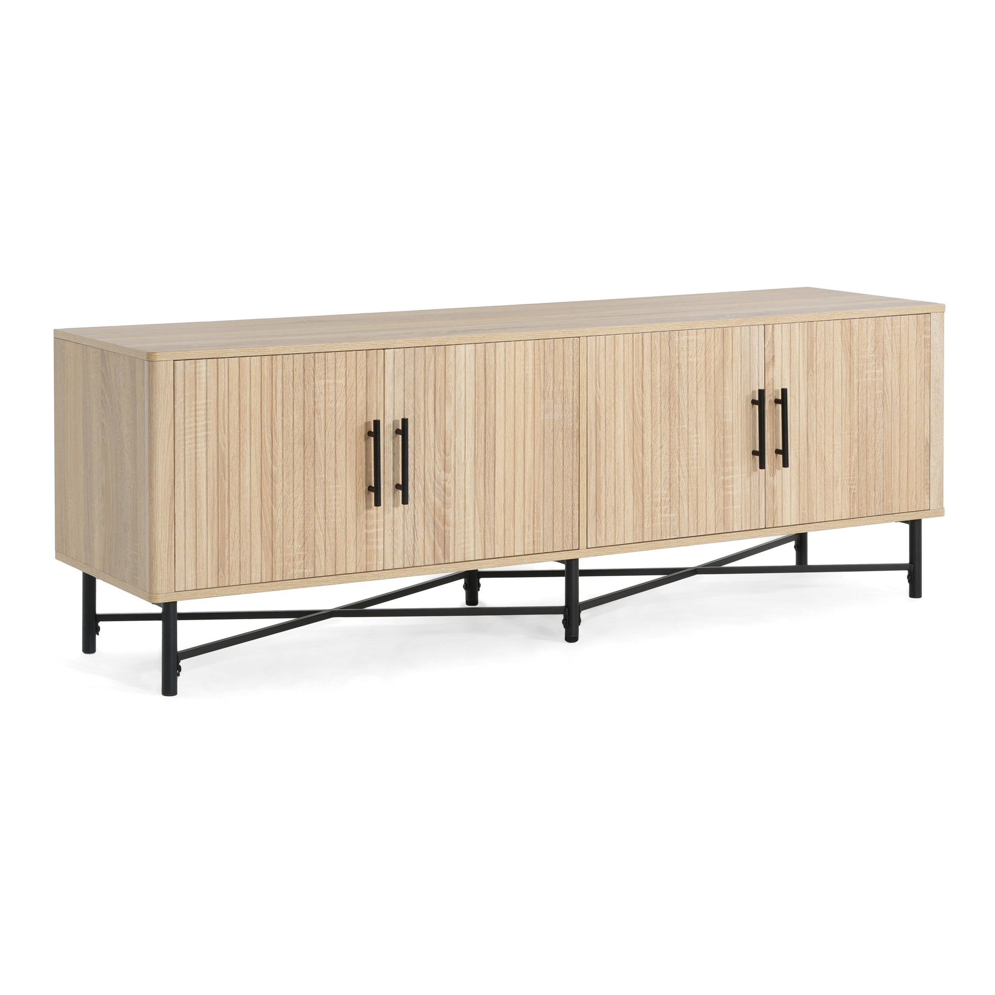 66" Natural Iron Plywood TV Stand – 4-Door Storage Cabinet