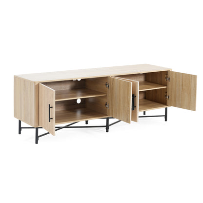 66" Natural Iron Plywood TV Stand – 4-Door Storage Cabinet