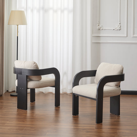 2-Pack Dining Chairs with Pillow Back, Beige Fabric, Black Solid Wood Frame