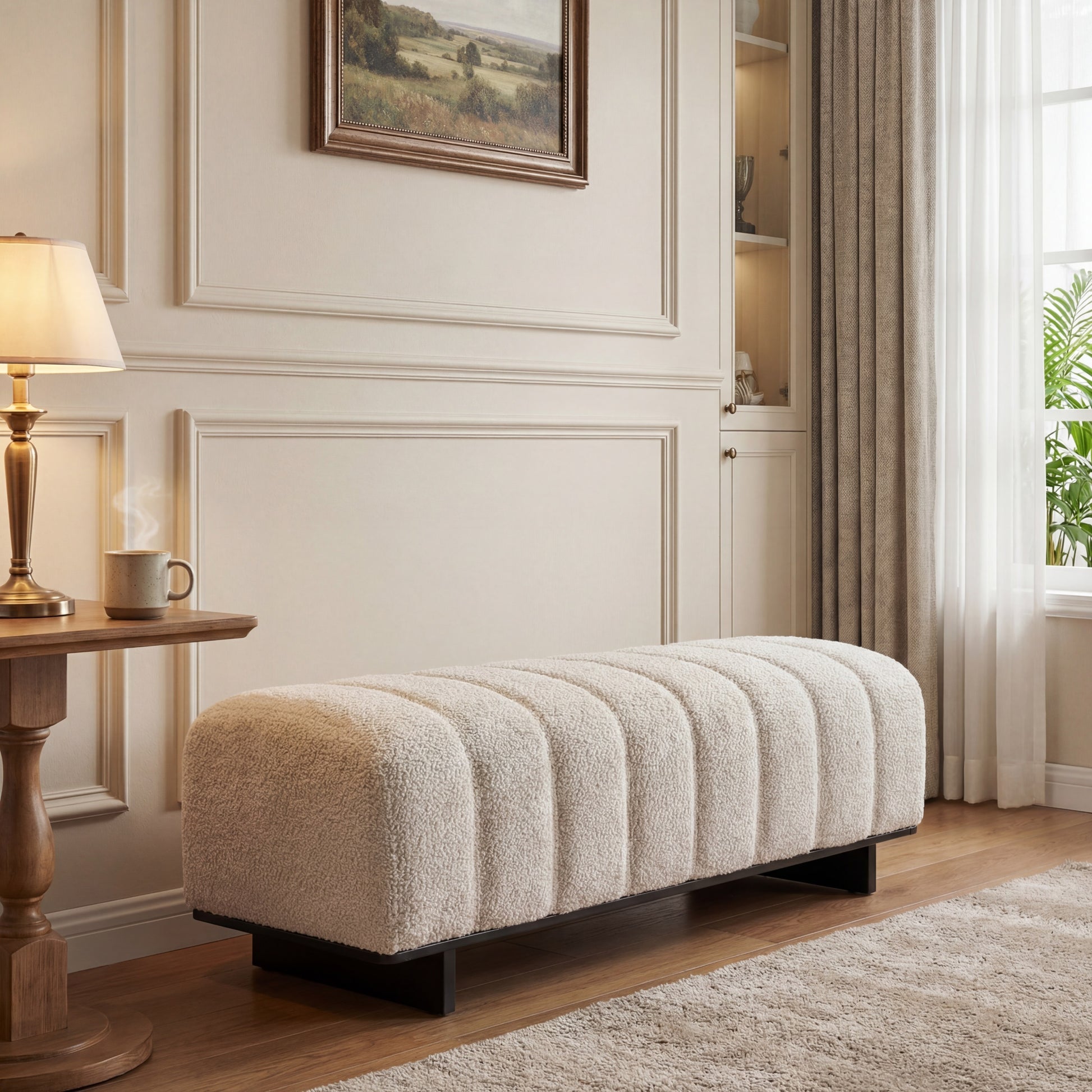 Indoor Dining Bench, Beige Faux Fur Fabric Bench with Rubber Wood Legs , 250lbs, Comfortable Seating for Dining Room/Living Area