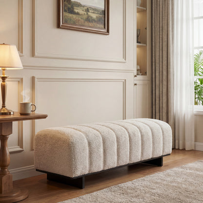 Indoor Dining Bench, Beige Faux Fur Fabric Bench with Rubber Wood Legs , 250lbs, Comfortable Seating for Dining Room/Living Area