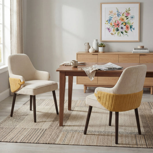 Beige & Yellow Fabric Dining Armchair - Set of 2 for Dining Room