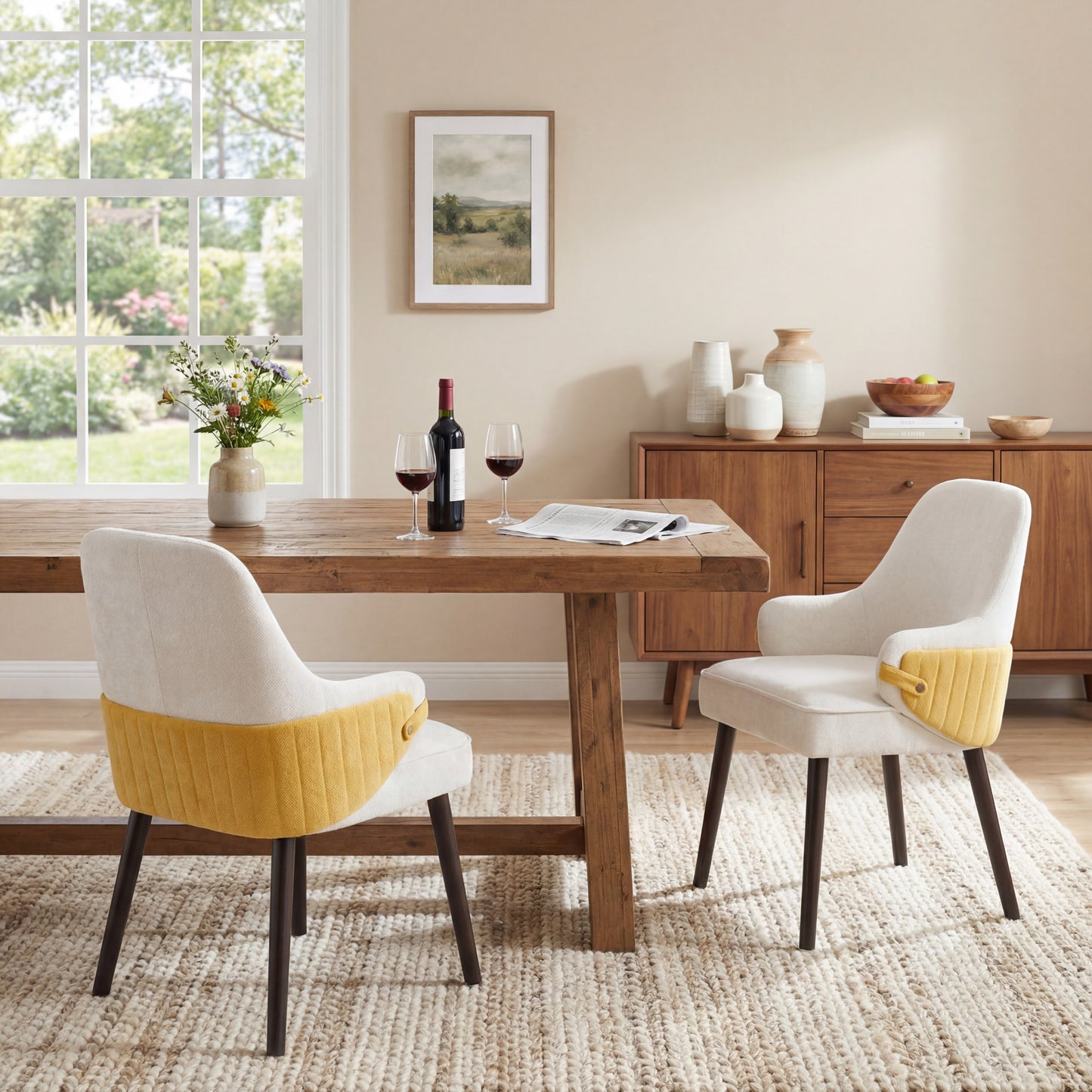 Beige & Yellow Fabric Dining Armchair - Set of 2 for Dining Room