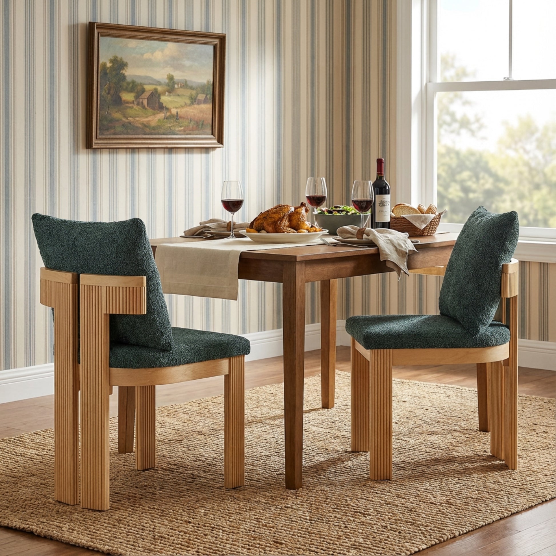 Green Boucle Dining Chairs Set of 2 with Rubber Wood Frame for Kitchen