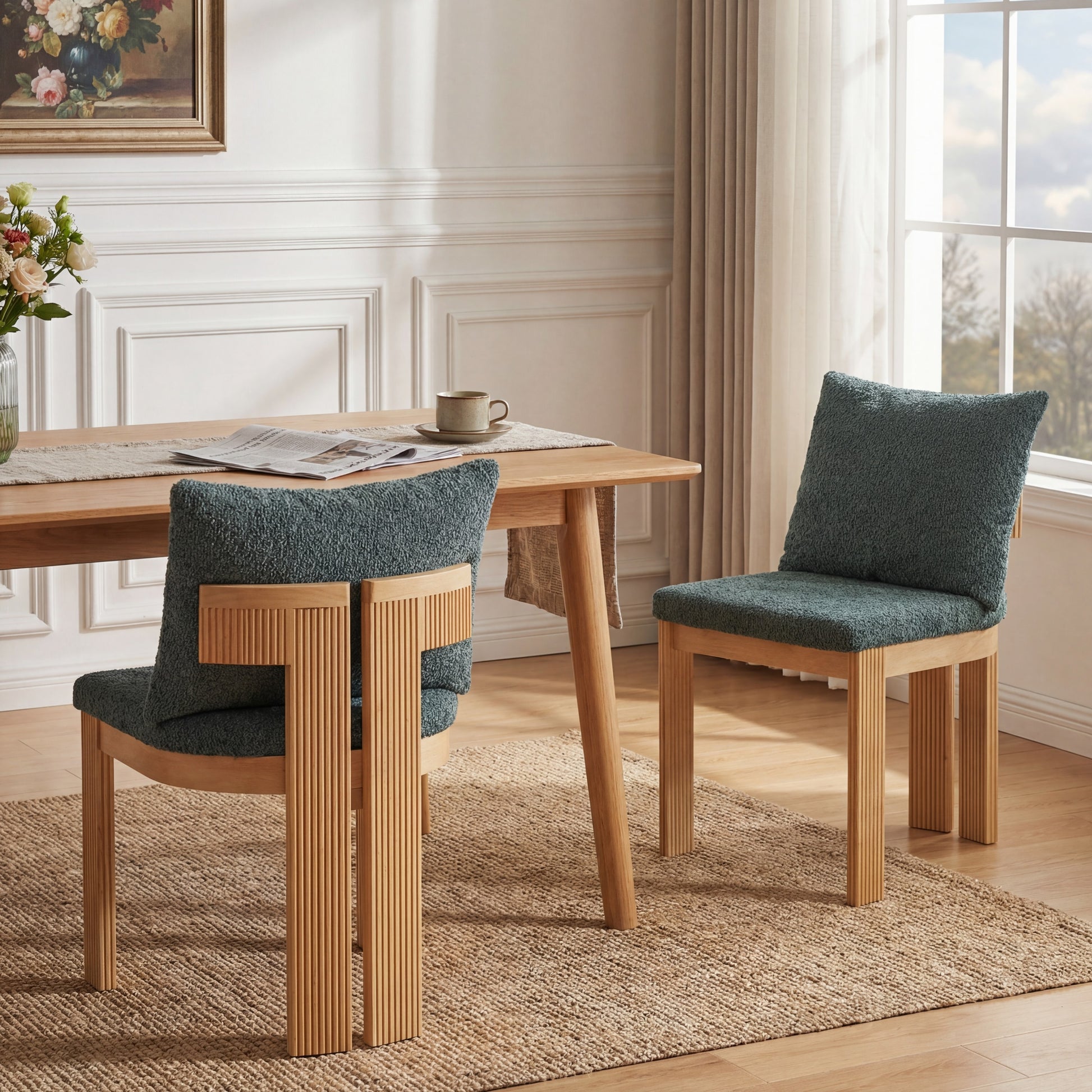 Indoor Boucle Dining Chair Set of 2, Rubber Wood Frame, Plush Green Boucle Seating, 250lbs Weight Capacity for Kitchen & Dining Room
