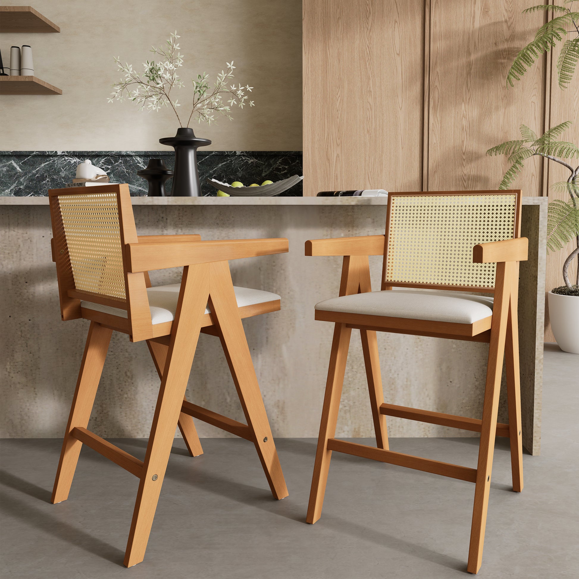 Cream Bar Stools - 27" Height Rubberwood Frame