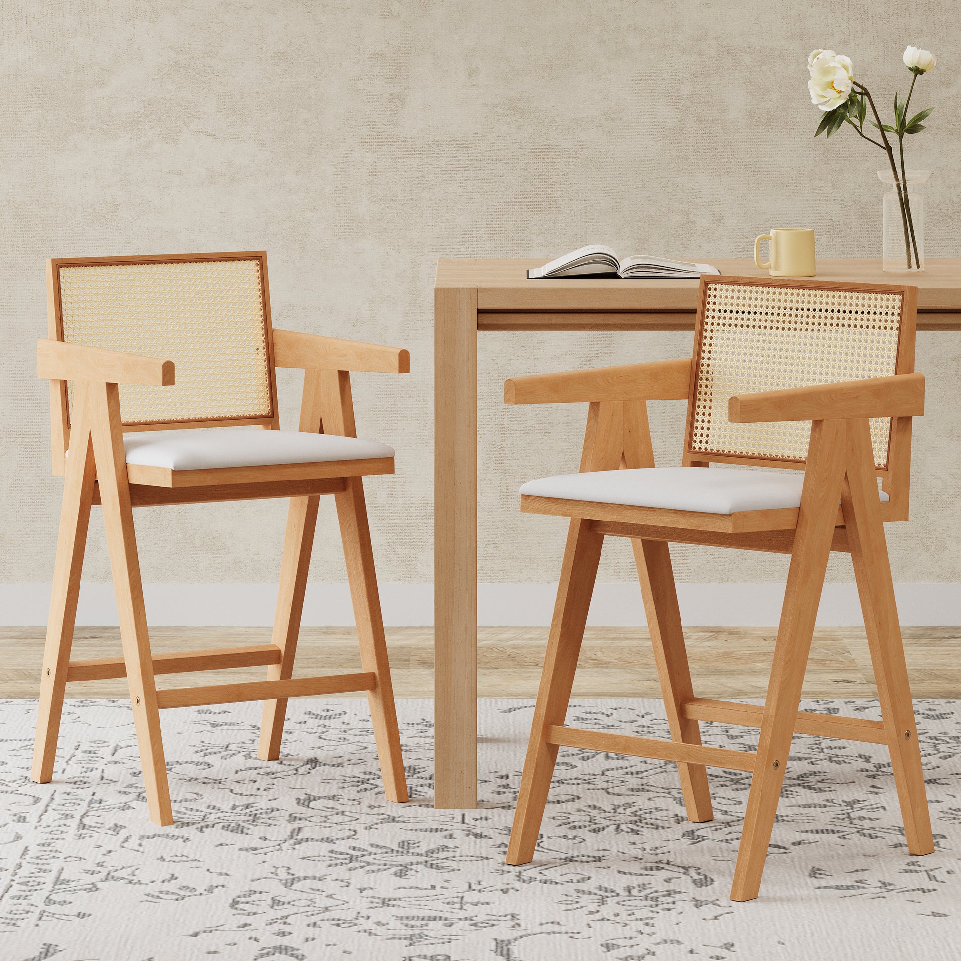 27" Height, Cream Woven Cane Plastic Backrest Bar Stool - Foam-Padded Fabric Seat & Durable Rubberwood Frame