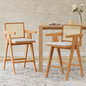 27" Height, Cream Woven Cane Plastic Backrest Bar Stool - Foam-Padded Fabric Seat & Durable Rubberwood Frame