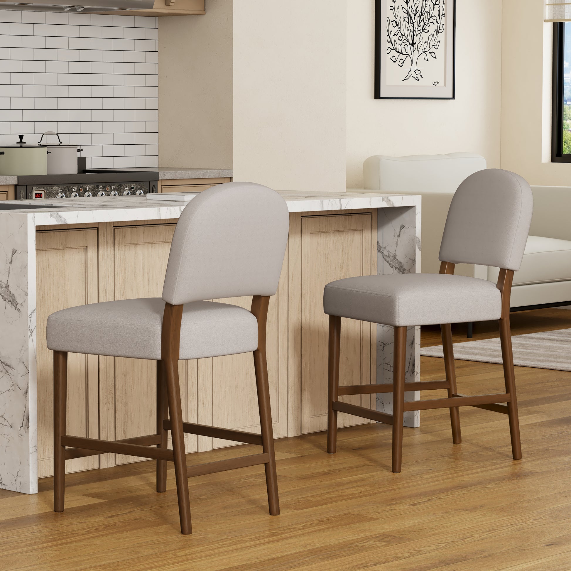 26'' Seat Height Light Gray Fabric & Walnut Rubberwood Bar Stool, Adjustable Floor Leveler, Spacious Seat for Kitchen Island(Light gray,set of 2)