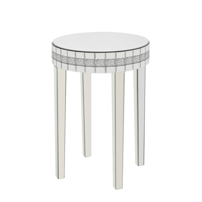 Round Mirror Accent Table, with Silver Mirror Glass Tabletop with Bling Crushed Diamond Edge Frame and Crystal Mirror Legs. End Table for Living Room, Bedroom, Coffee, Entryway,9.7" Diameter x 28.33"