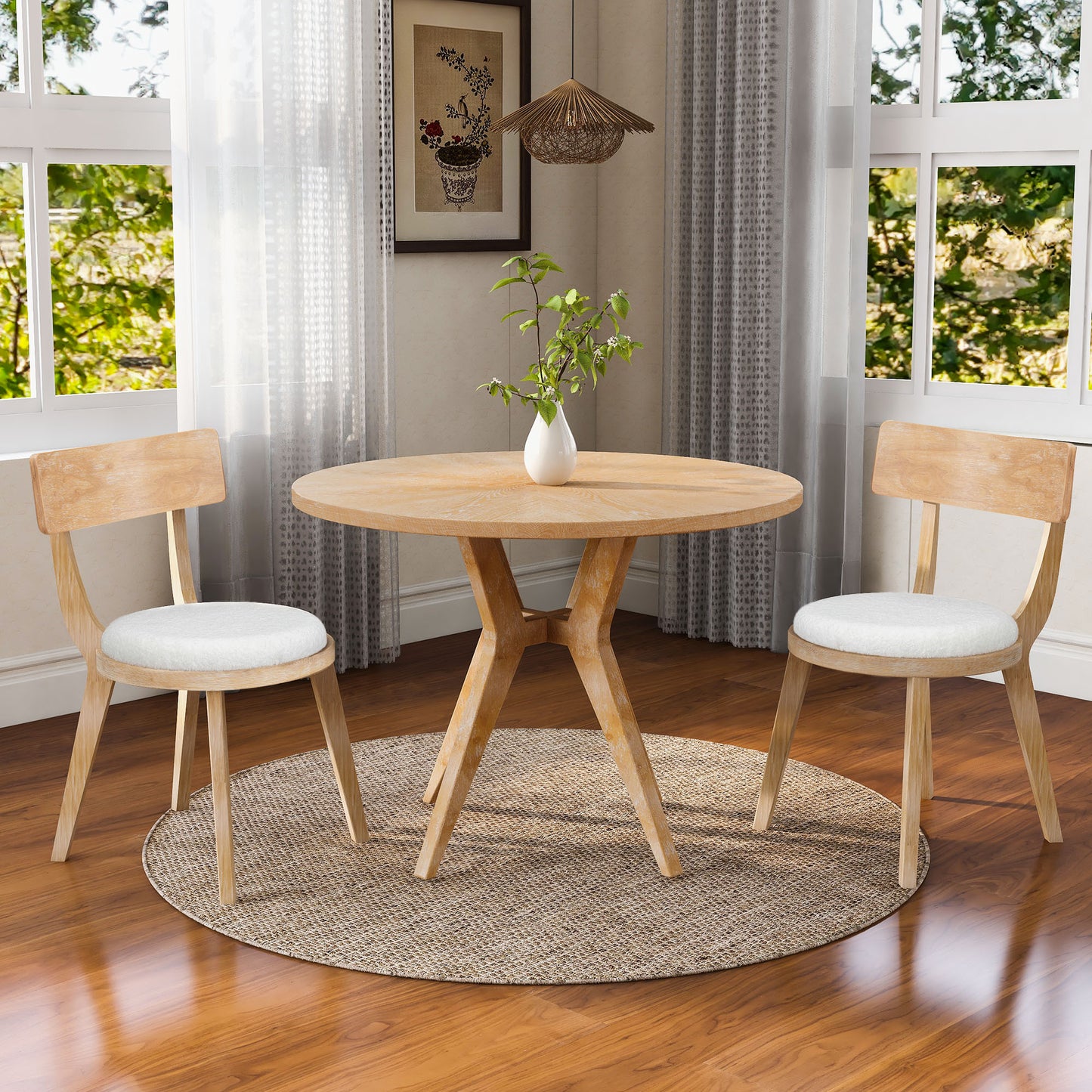 Set of 2 Modern Upholstered Dining Chairs, Rubberwood, Natural + Beige