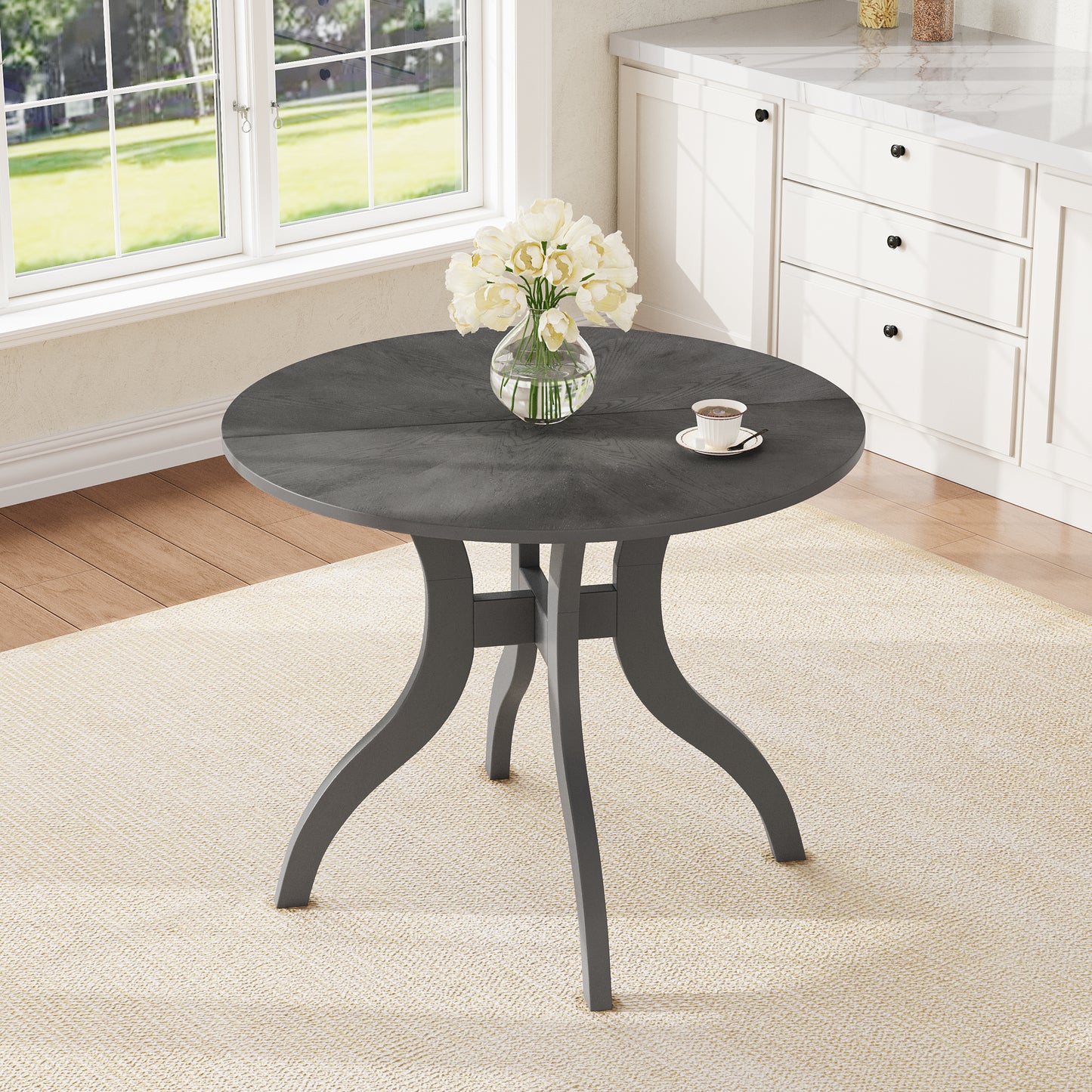 Oak Gray Round Dining Table 39.4" – Traditional Solid Wood Legs, Timeless Elegance, Ideal Focal Point for Family Gatherings
