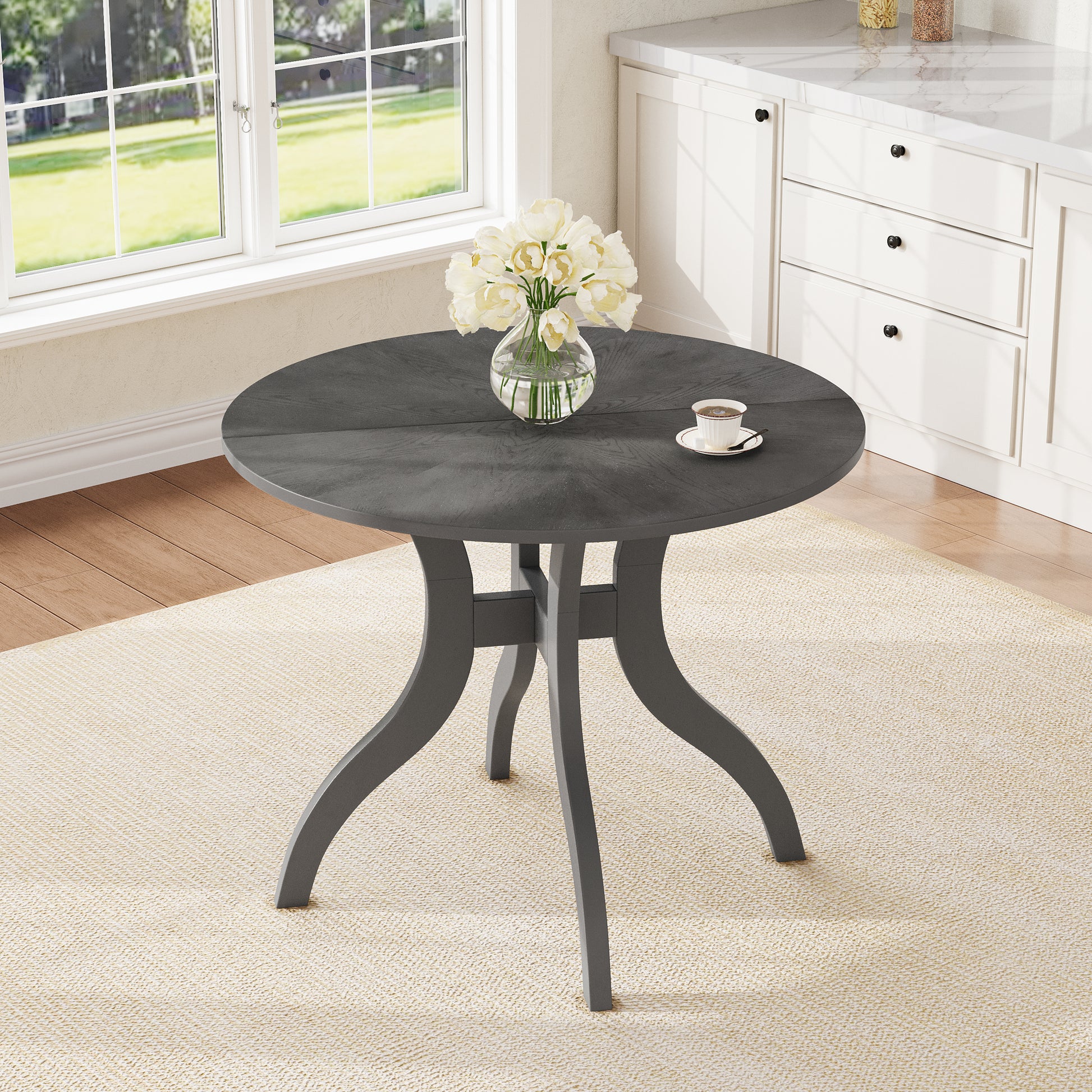 Oak Gray Round Dining Table 39.4" – Traditional Solid Wood Legs, Timeless Elegance, Ideal Focal Point for Family Gatherings
