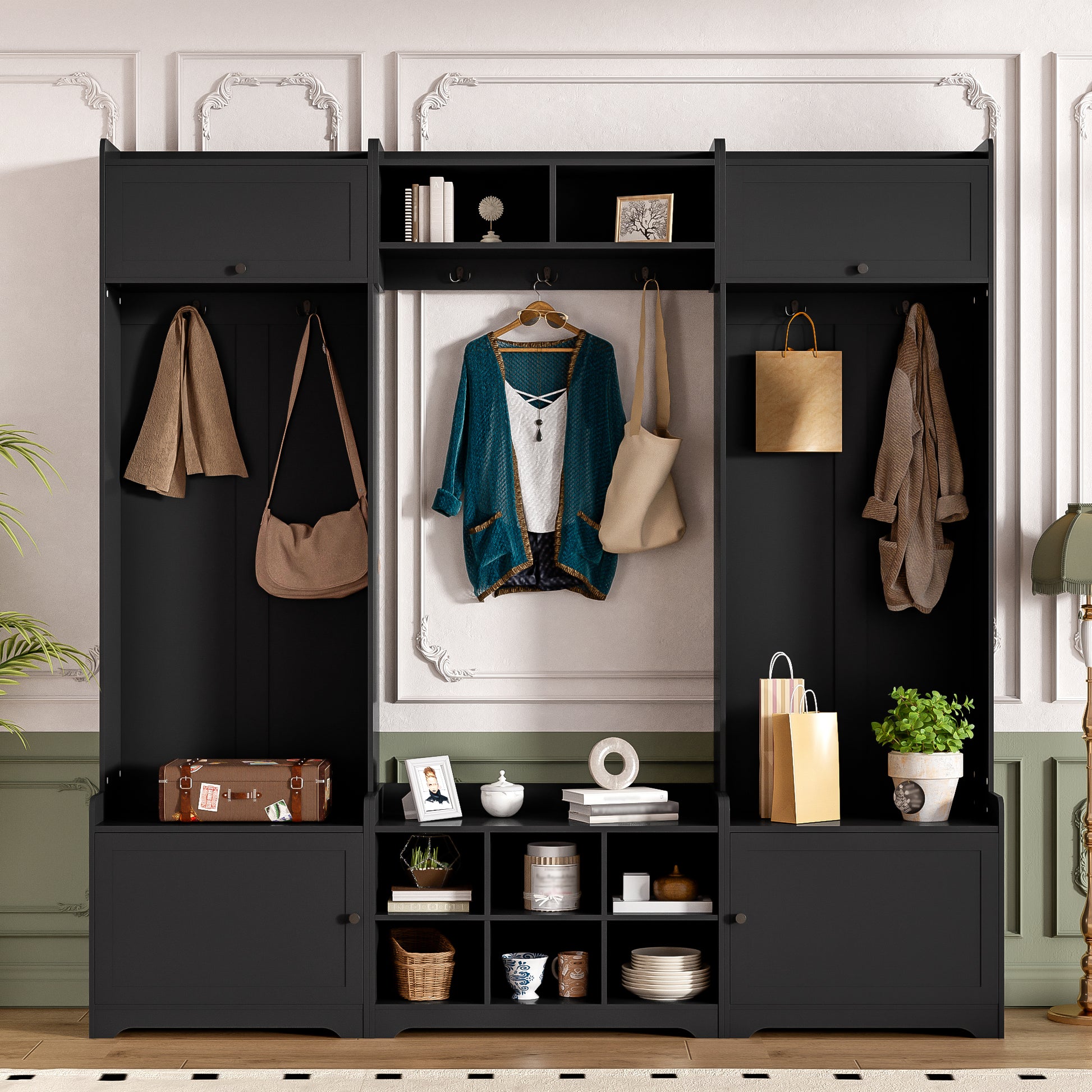 VIBE HAUS 79.1''Wide Modern Hall Tree with Shoe Storage, 4-in-1 Entryway Bench with 8 Cubbies, 7 Coat Hooks & Adjustable Shelf for Hallway, living room, Black