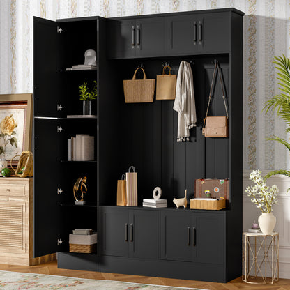 VIBE HAUS 79'' Tall Modern Hall Tree with Shoe Storage, 4-in-1 Entryway Bench with 6 Cabinets, 4 Coat Hooks & Adjustable Shelf for Hallway, living room, Black