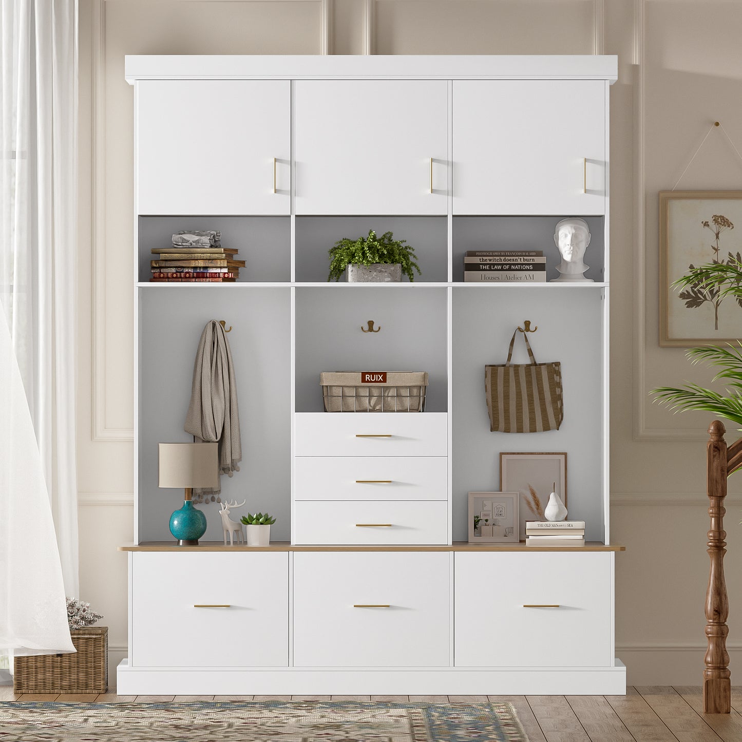 U-Can 75'' H Entryway Hall Tree with Bench and Storage, 5-in-1 Modern Hall Tree with Coat Rack, 6 Drawers, 3 Cabinets and 3-Tier Top Storage for Hallway, Entryway, Living Room, Mudroom