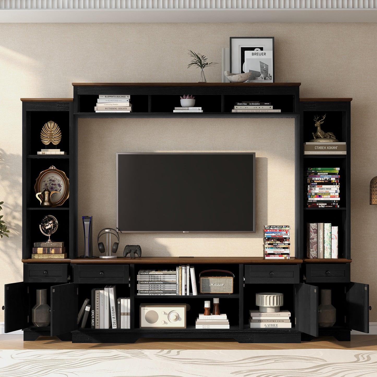 U-Can 98.8" W Wall Unit Entertainment Center with Bookshelves for TVs up to 80", Modern TV Stand Media Console with Cabinets and Adjustable Shelves for Living Room