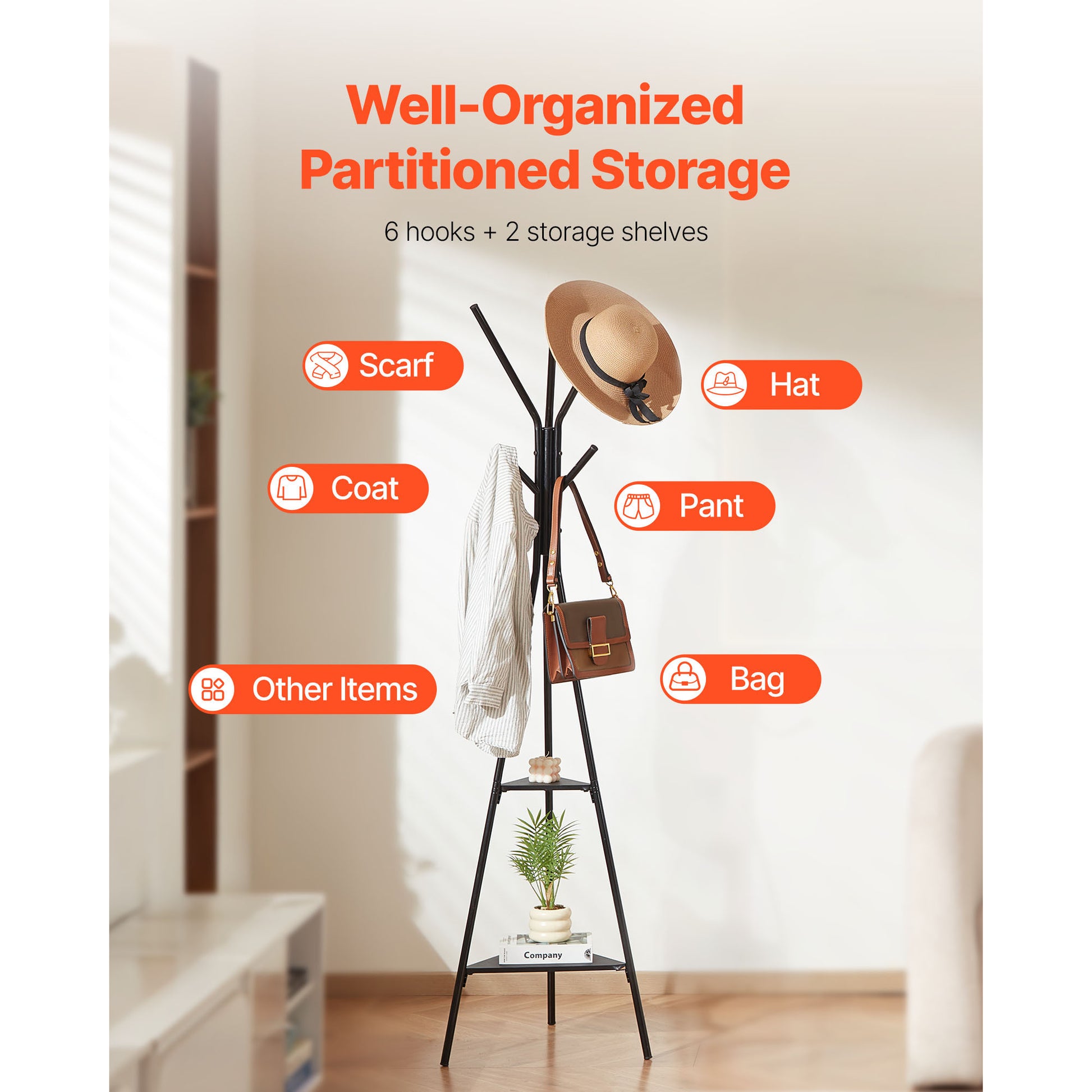 Freestanding Coat Rack - Black Metal, 6 Hooks & 2 Shelves for Living Room