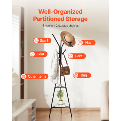 Freestanding Coat Rack - Black Metal, 6 Hooks & 2 Shelves for Living Room