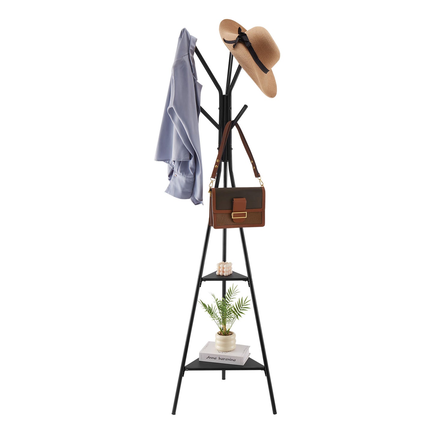 Freestanding Coat Rack - Black Metal, 6 Hooks & 2 Shelves for Living Room