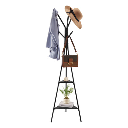 Freestanding Coat Rack - Black Metal, 6 Hooks & 2 Shelves for Living Room