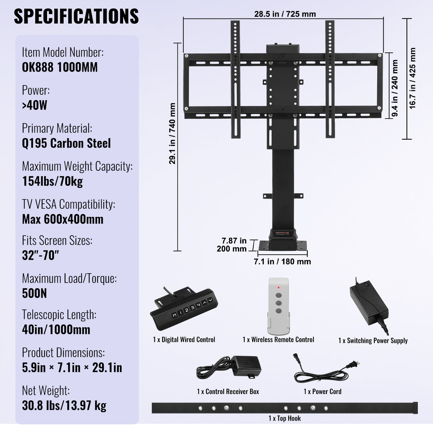 Motorized TV Lift - 32-70 Inch, Black Carbon Steel