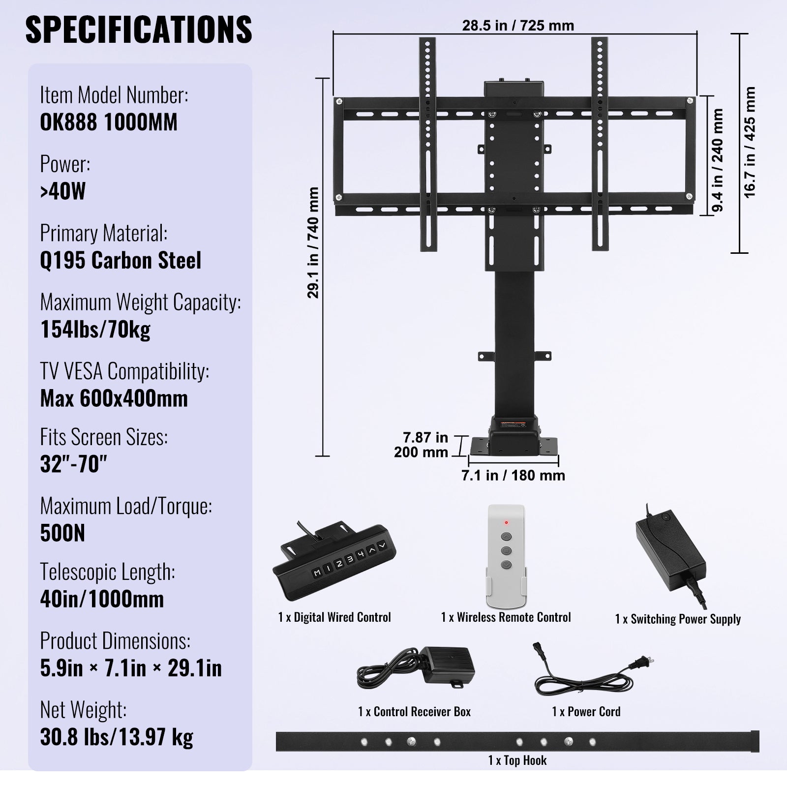 Motorized TV Lift - 32-70 Inch, Black Carbon Steel