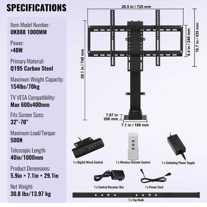 Motorized TV Lift - 32-70 Inch, Black Carbon Steel