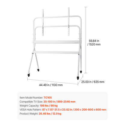 Rolling TV Stand - White Carbon Steel - 35-100 Inch Support for Living Room