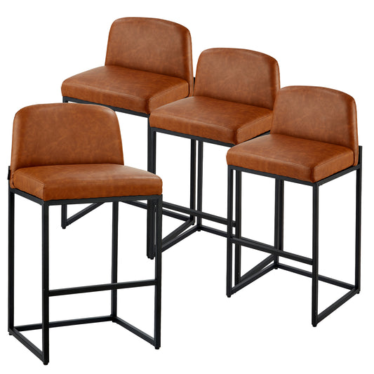 Bar Stool Set of 4, 27 inch Counter Height Stools, Modern PU Leather Counter Barstool with Backrest, Metal Legs, Easy Assembly Armless Bar Chair, Island Barstool for Kitchen, Dining Room, Brown