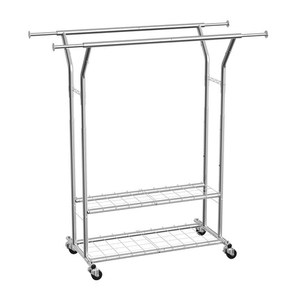 Clothes Rack, Rolling Clothing Garment Rack with 2 Hanging Rods and 2 Storage Shelves, 264 lbs Load Capacity, Adjustable Height Carbon Steel Clothing Racks for Bedroom, Laundry, Living Room
