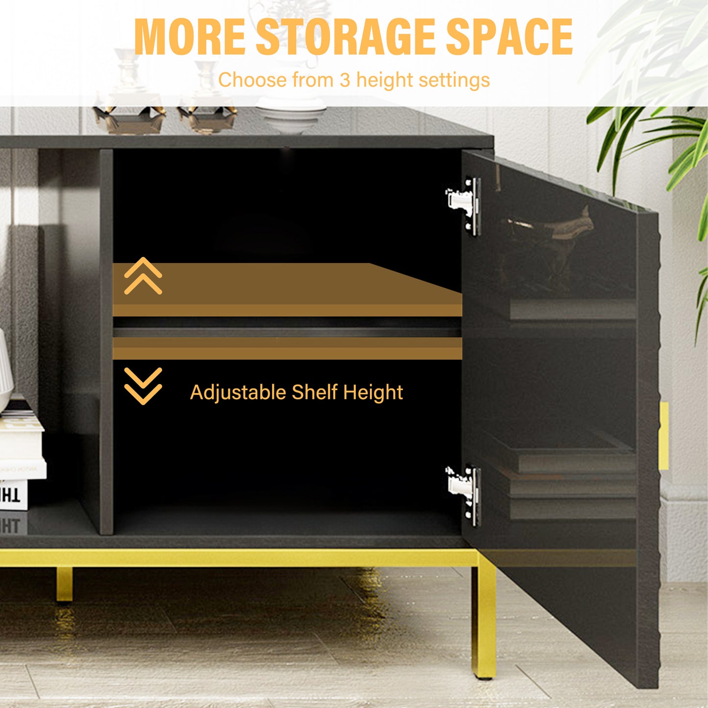 70 Inch TV Stand with Storage - Black MDF Iron Media Console for Living Room