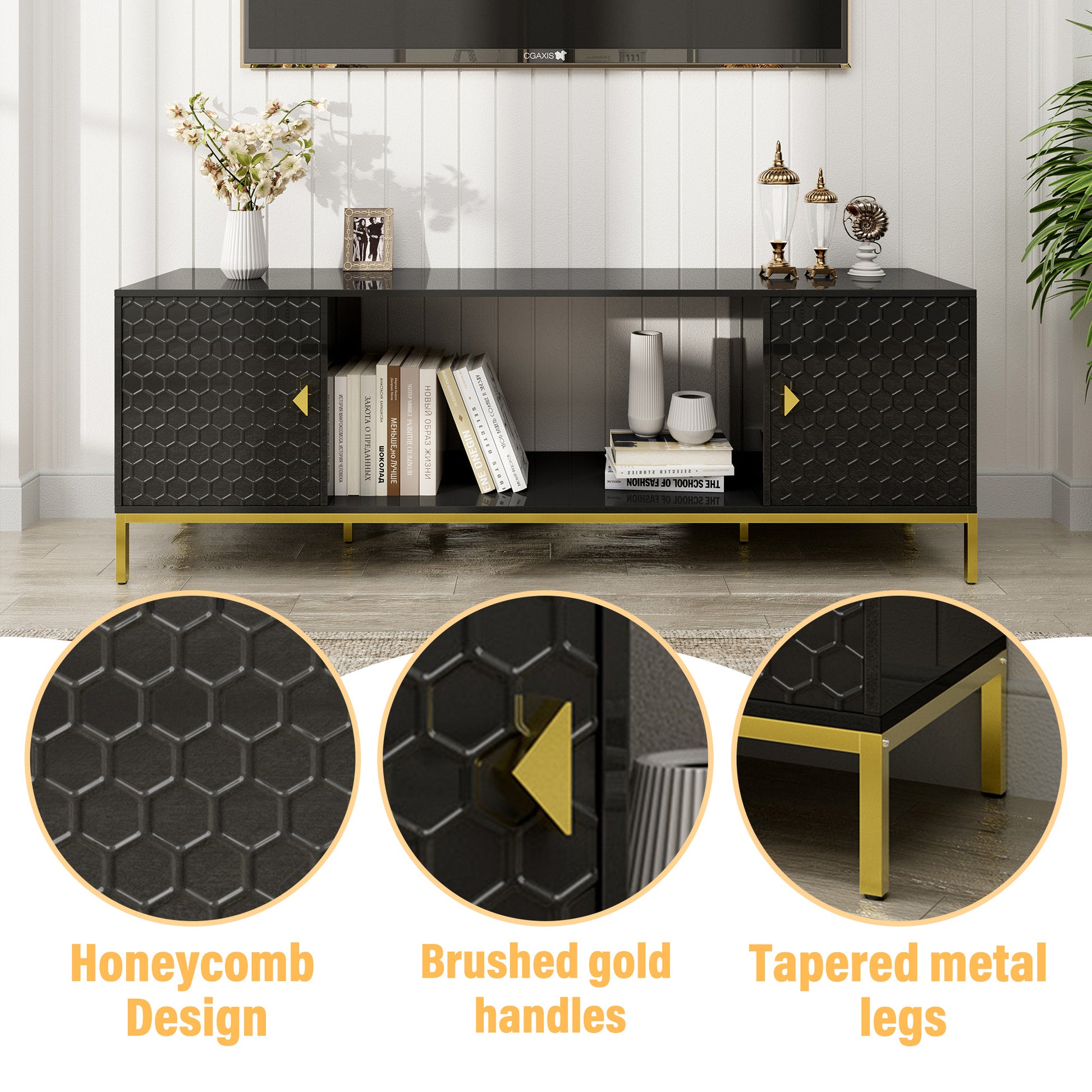 70 Inch TV Stand with Storage - Black MDF Iron Media Console for Living Room