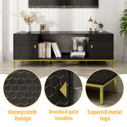 70 Inch TV Stand with Storage - Black MDF Iron Media Console for Living Room