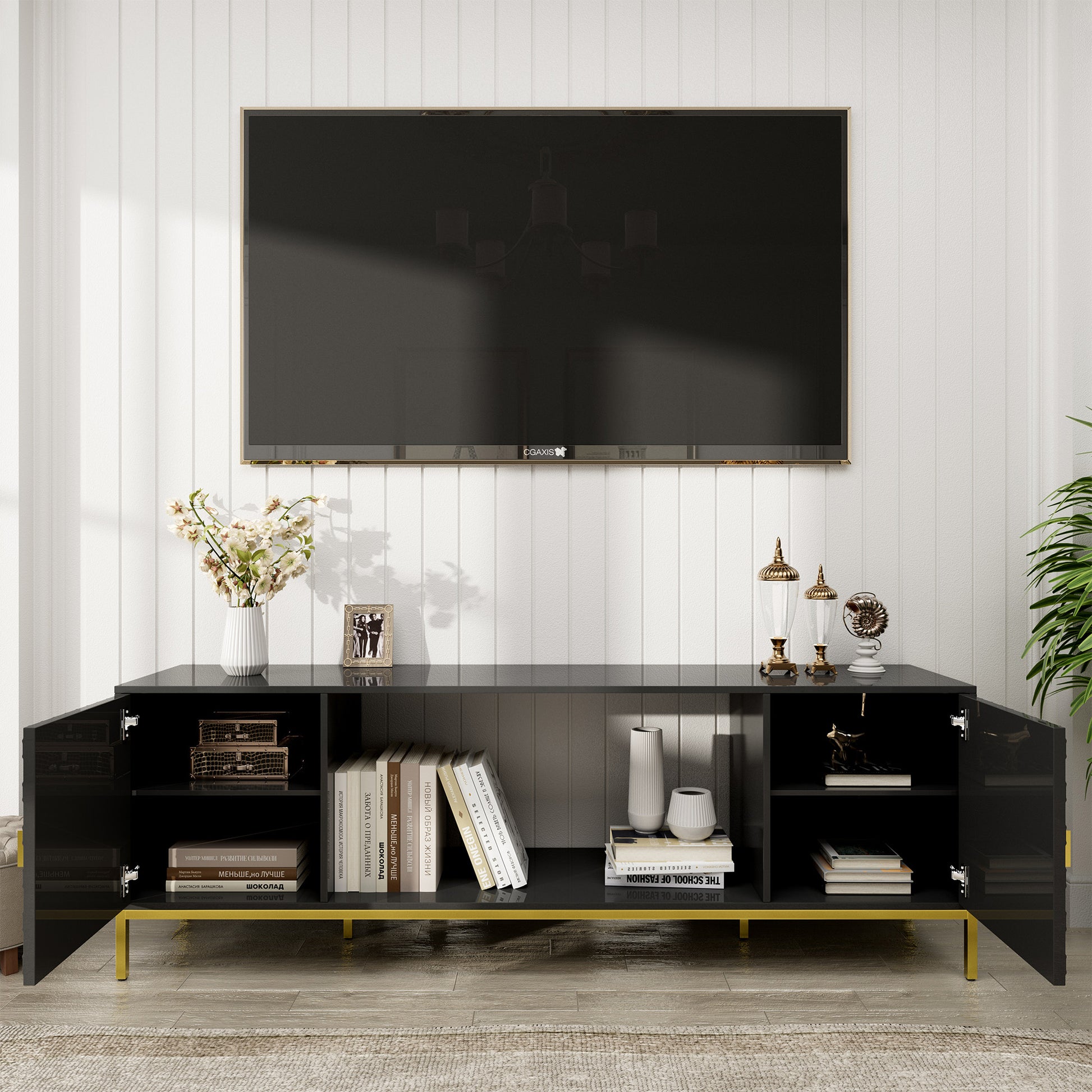 70 Inch TV Stand with Storage - Black MDF Iron Media Console for Living Room