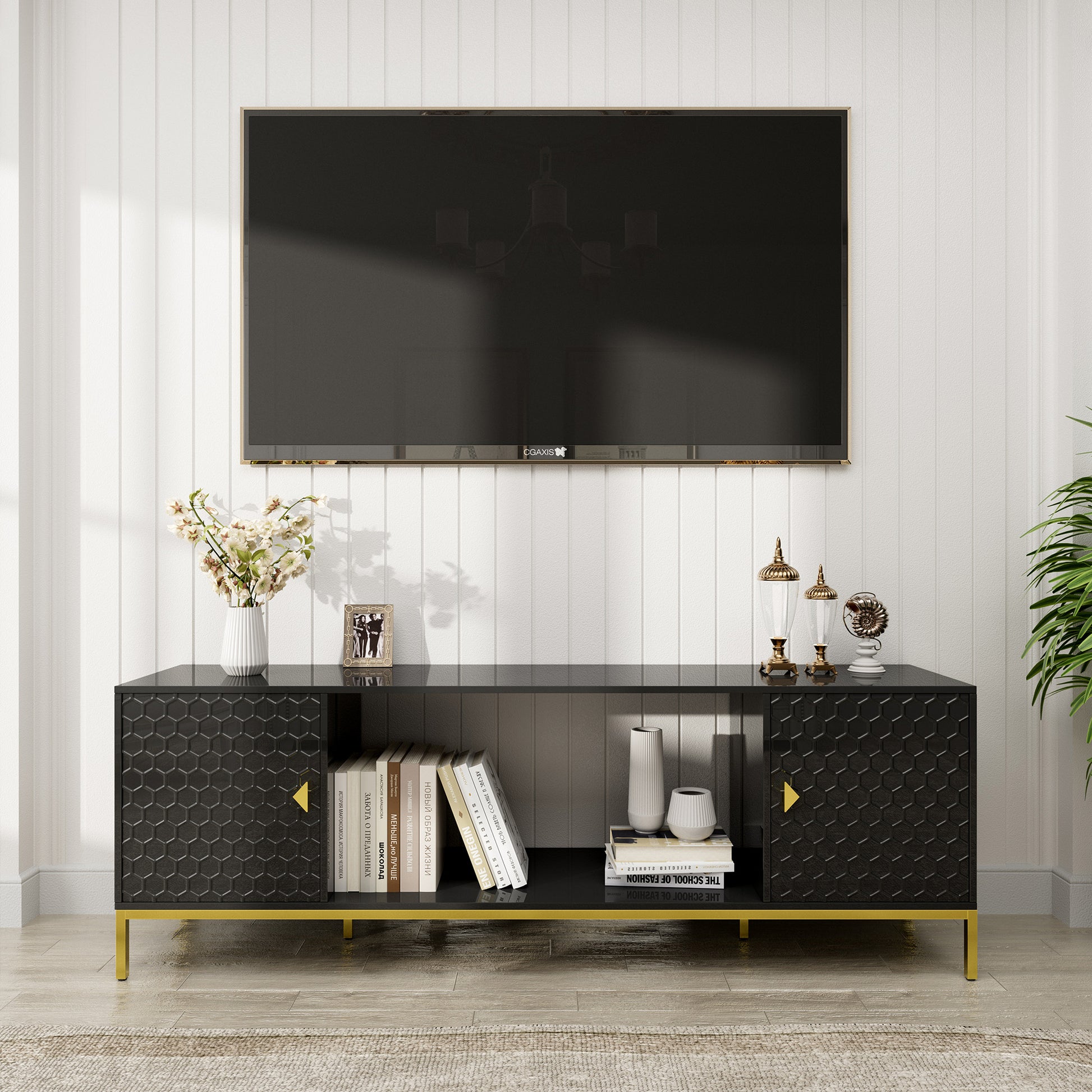 70 Inch TV Stand, Heavy Duty Wood Media Entertainment Center Console with Cabinet Storage & Open Shelves for Living Room, Modern Design (Black,not include electric fireplace)