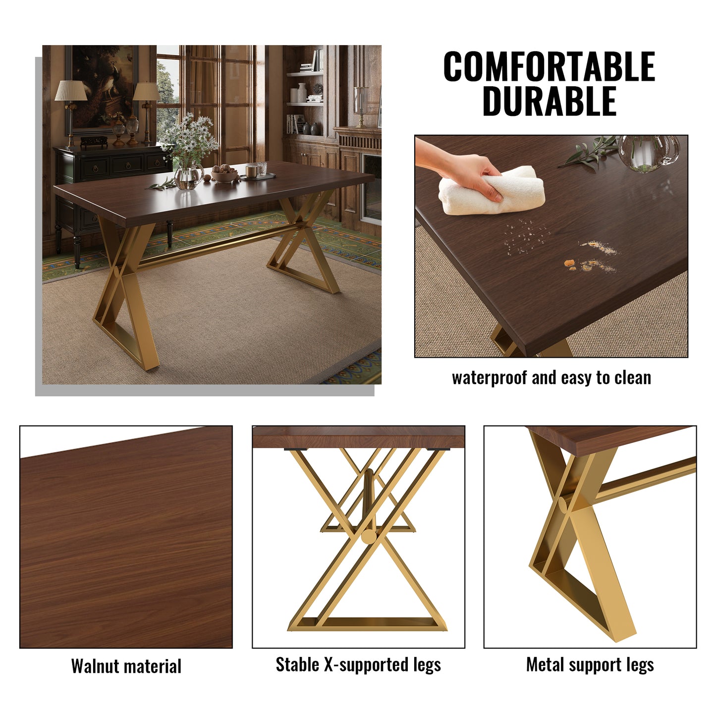70.8" High-End Solid Wood Golden Stainless Steel Dining Table