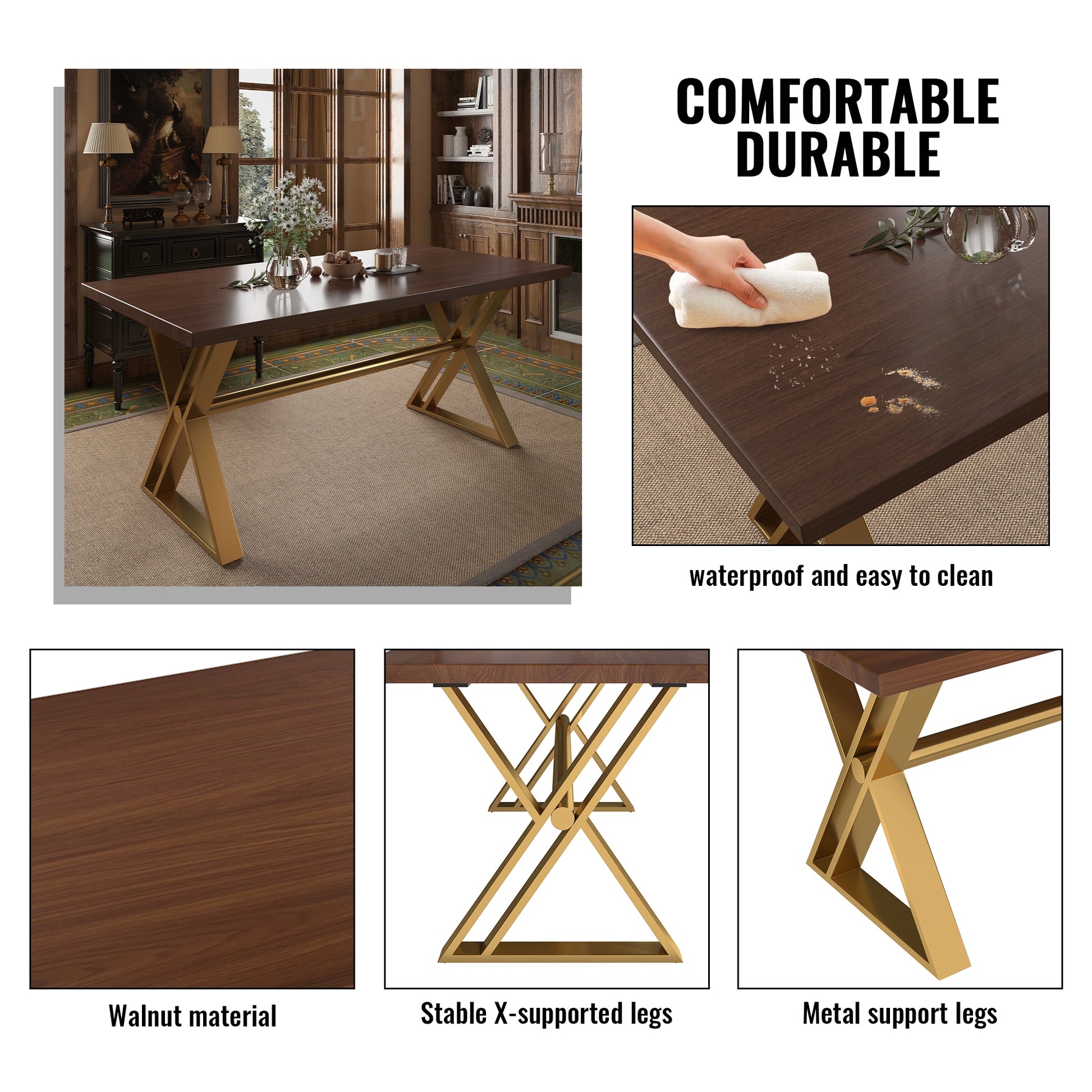 70.8" High-End Solid Wood Golden Stainless Steel Dining Table