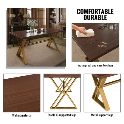 70.8" High-End Solid Wood Golden Stainless Steel Dining Table