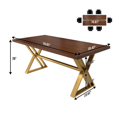 70.8" High-End Solid Wood Golden Stainless Steel Dining Table