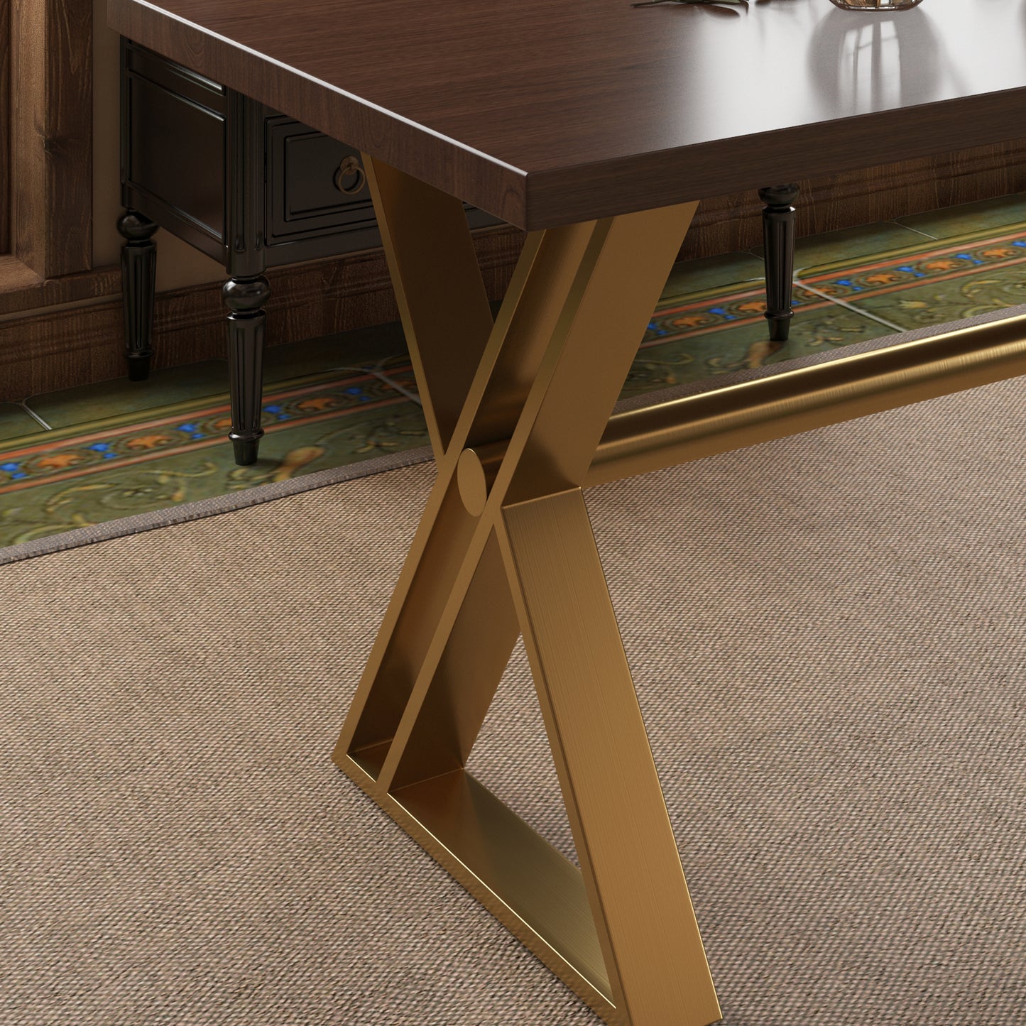 70.8" High-End Solid Wood Golden Stainless Steel Dining Table